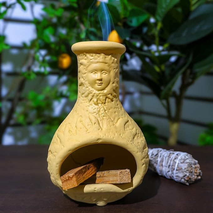 Palo Santo Burner Holder,Yellow Mini Chiminea with Chimney Handmade Smudge Bowl fits sage, Incense Cones, Sticks, Small Candle; with ash Collection. Great for Zen Meditation, Altar Fireplace - Bloomnest