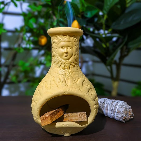 Palo Santo Burner Holder,Yellow Mini Chiminea with Chimney Handmade Smudge Bowl fits sage, Incense Cones, Sticks, Small Candle; with ash Collection. Great for Zen Meditation, Altar Fireplace - Bloomnest