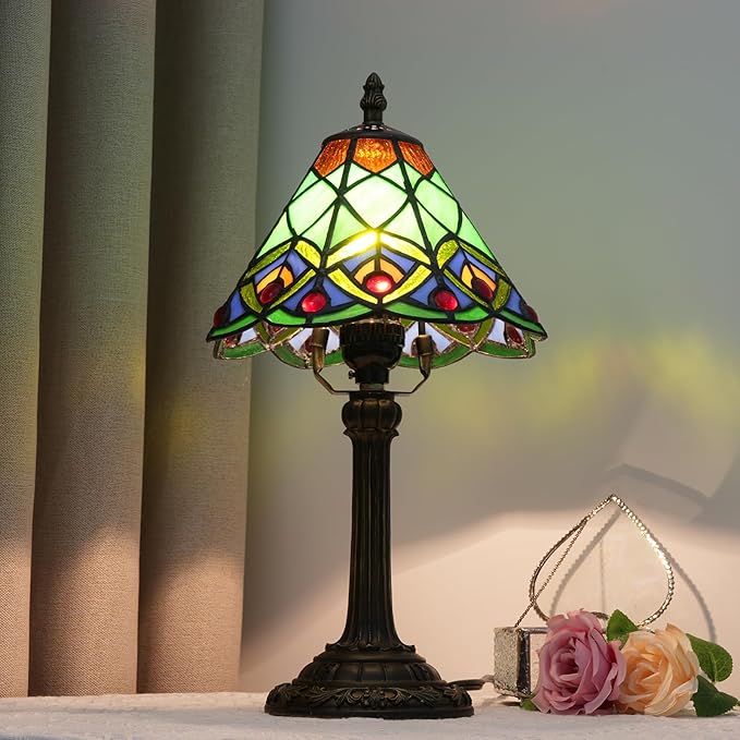 8 Inch Tiffany Style Stained Glass Table Lamp, Peacock Feather Pattern Retro Style Design, Suitable for Bedroom Bedside Lamp Office Study and Other Home Art Decoration (Green) - Bloomnest