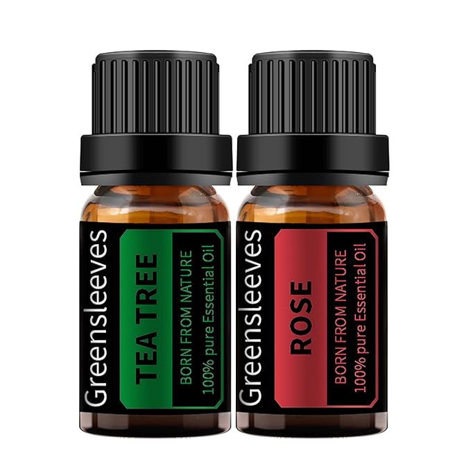 GREENSLEEVES Rose and Tea Tree Essential Oil Set, 2 x 10ml Pure Plant-Based Fragrance Oil for Aromatherapy, Essential Oils for Diffuser, Massage, Bath Bomb, Scented Candle Soap Making GREENSLEEVES