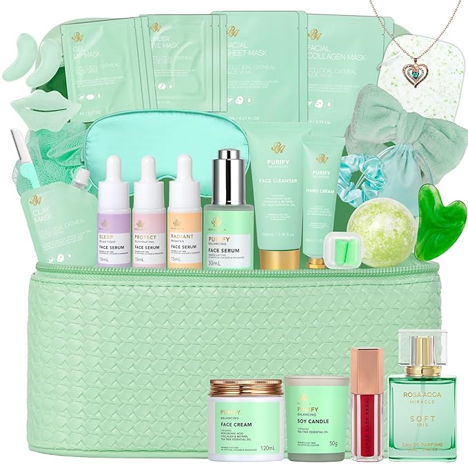 Valentines Day Gifts for Women, 33 Pcs Tea Tree Skin Care Gift, Face Sheet Mask, Self Care Kit Spa Gift Baskets, Necklace, Bath and Body Set, Mother Day, Birthday Present, Christmas - Bloomnest