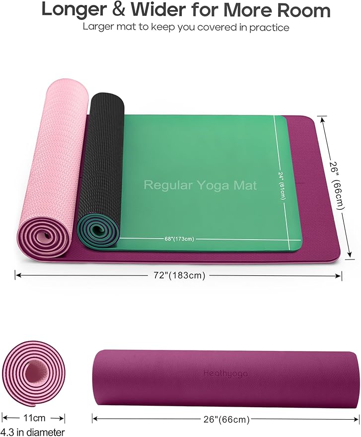 Heathyoga Eco Friendly Non Slip Yoga Mat, Body Alignment System, SGS Certified TPE Material - Textured Non Slip Surface and Optimal Cushioning,72"x 26" Thickness 1/4"