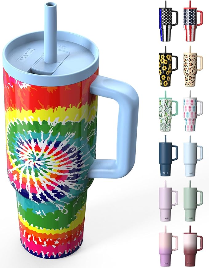 TILUCK 40 oz Tumbler with Handle, Vacuum Insulated Stainless Steel Travel Mug with 100% Leak-Proof Silicone Straw Lid, Cupholder Friendly Water Bottle(RotatingRainbow, 40oz)
