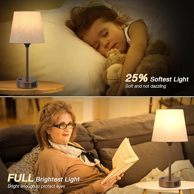 Acaxin Brown Bedside Lamps for bedrooms Set of 2 - Nightstand Bedroom Lamp with USB C Port and AC Outlet Charging, 3 Way Dimmable Touch Control Small Bed Side Table Lamp, Nightstand Light for Kids - Bloomnest