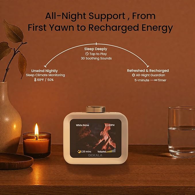 Dekala AuraDot White Noise Sound Machine for Sleep w/Temperature Humidity Monitor, 30 Non-Loop Soothing Sounds, Timer/Play All Night, IPS Screen Sleep Animation, 7-Day Programmable 4 Alarm Clock