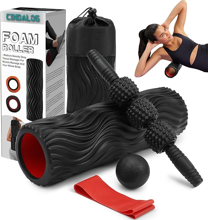 5 in 1 Foam Roller Set - Trigger Point Foam Back Roller, Muscle Roller Stick, Massage Ball, Stretching Band for Deep Muscle Massage Pilates Yoga,Fitness Exercise for Whole Body Release (Black)
