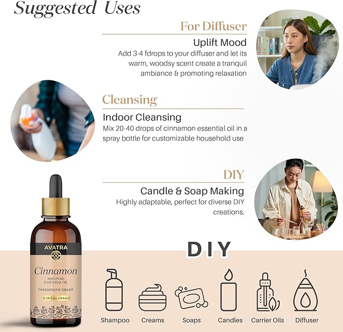 Avatra Cinnamon Essential Oil 100ML (3.38 OZ) with Glass Dropper and Travel Bottle, Pure and Natural Therapeutic Grade Cinnamon Oil for Diffuser, Aromatherapy, Massage, and DIY Candle Products - Bloomnest