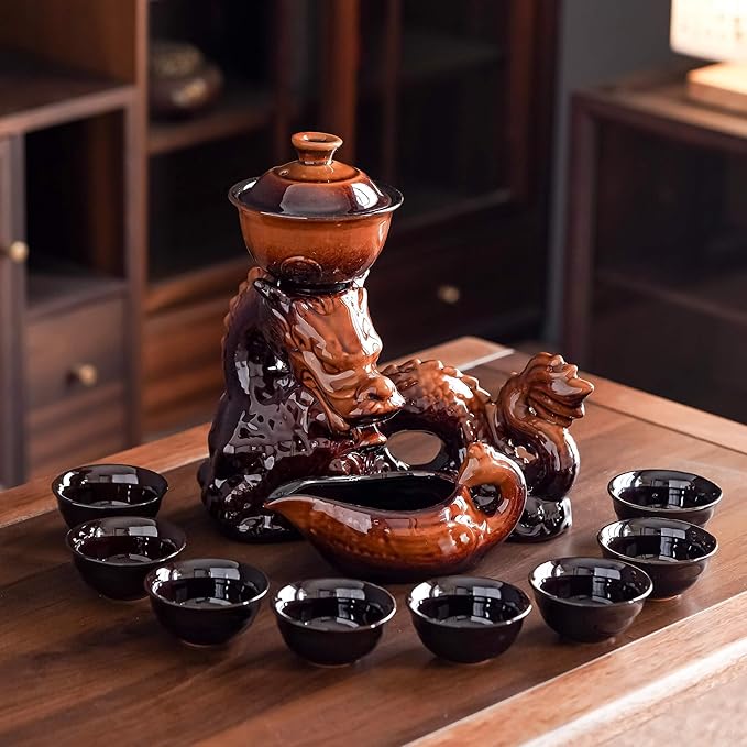 Ceramic Teapot with Infuser Semi Automatic Tea Set Magic Teapot with 8 cups Gradient Color (Yellow Dragon- C) - Bloomnest