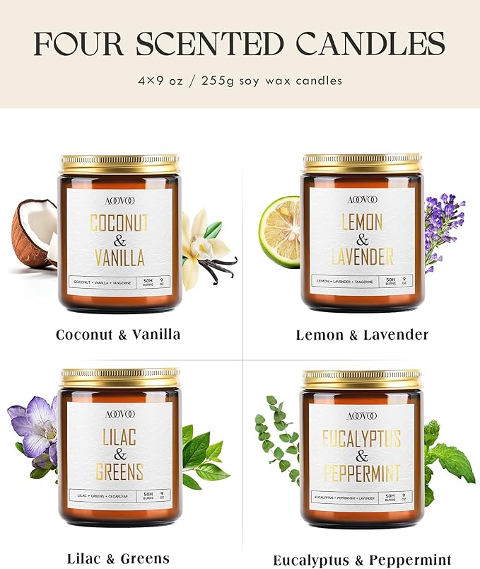 AOOVOO Eucalyptus/Vanilla/Lilac/Lavender Candles - 36 oz Scented Candles, Aromatherapy Candle, Soy Candle for Home Scented - Bloomnest