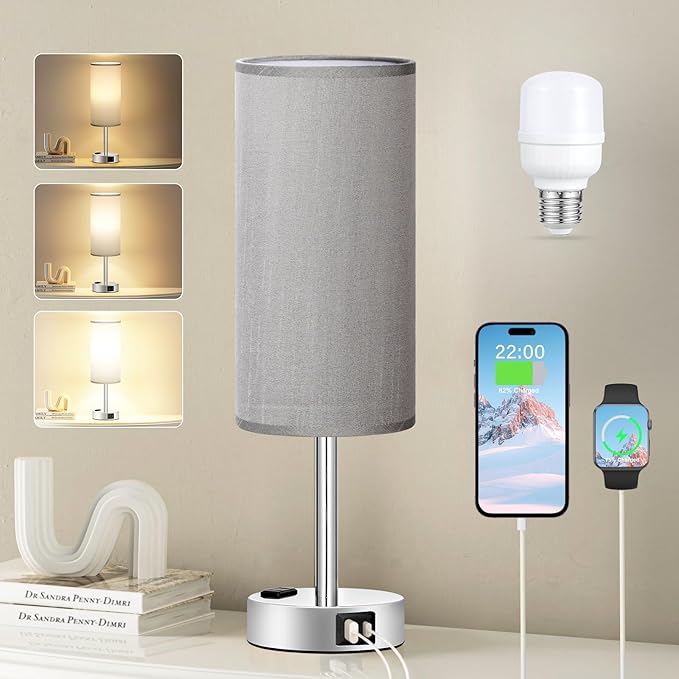 Fenmzee Grey Nightstand Table Lamp for Bedroom - 3 Way Dimmable Bedside Lamp USB C A Charging Ports and AC Outlet, Small Table Lamp Silver Base for Living Room, Office Desk, LED Bulb Included - Bloomnest