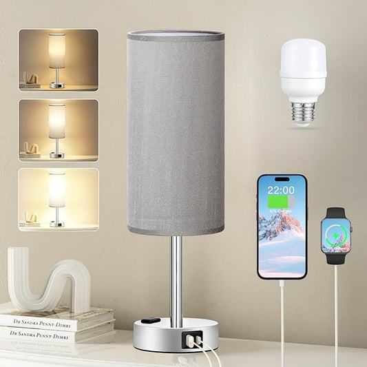 Fenmzee Grey Nightstand Table Lamp for Bedroom - 3 Way Dimmable Bedside Lamp USB C A Charging Ports and AC Outlet, Small Table Lamp Silver Base for Living Room, Office Desk, LED Bulb Included - Bloomnest