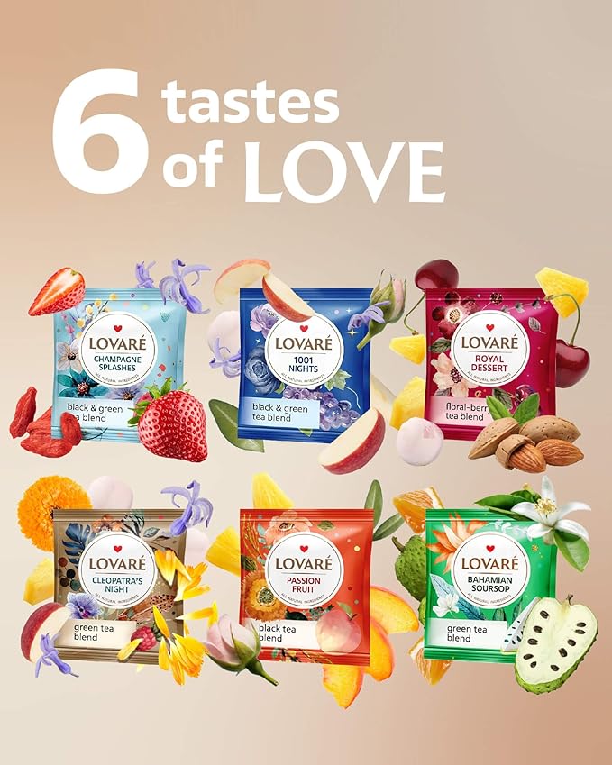LOVARE Tea Bags Variety Pack - Made in Ukraine - Black and Green, Floral Berry, Mixed Blend Assorted Collection - Tea Sampler - Gift Sets for Tea Lovers (30 Bags - 6 Tastes)