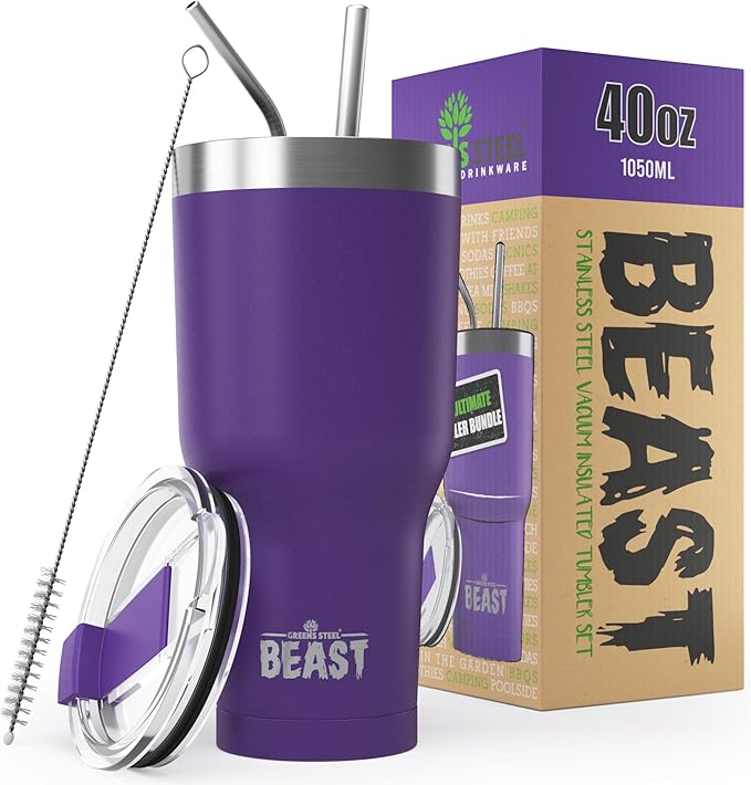 Beast 40 oz Tumbler Stainless Steel Vacuum Insulated Coffee Ice Cup Double Wall Travel Flask (Purple) - Bloomnest