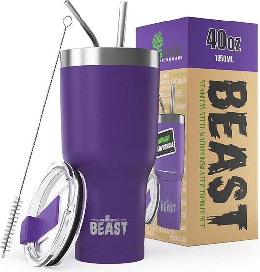 Beast 40 oz Tumbler Stainless Steel Vacuum Insulated Coffee Ice Cup Double Wall Travel Flask (Purple) - Bloomnest