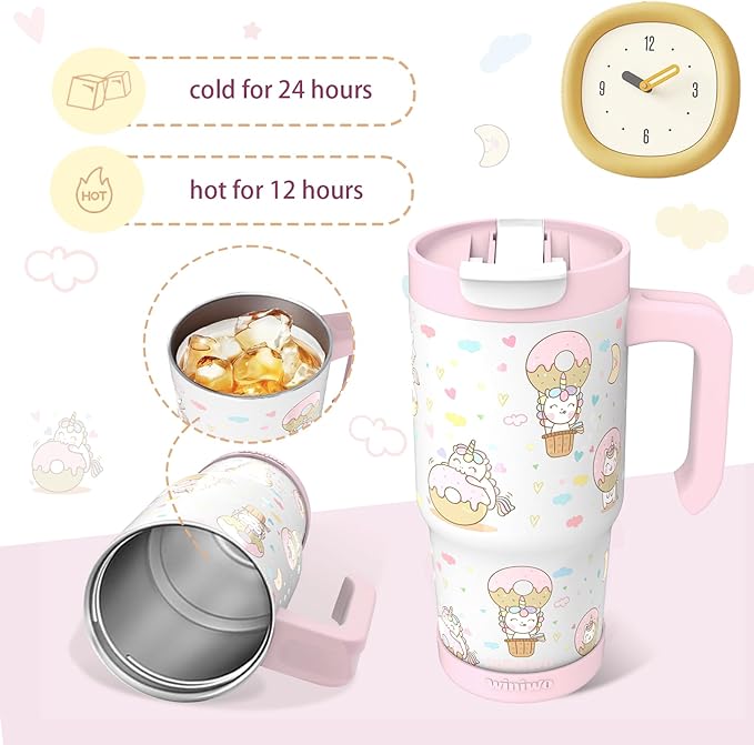 22 oz Tumbler with Handle for Kids, Easy to Hold, Spill-proof, Insulated Cups with Sip/Swig 2-in-1 Lid, Fit Most Car Cup Holders,School, Home,travel,Pink Unicorn - Bloomnest