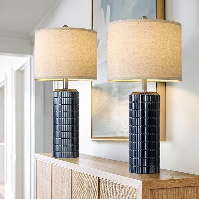 PoKat 27.5'' Tall Table Lamps for Living Room Set of 2, Ceramic Bedroom Lamps for Night Stands, Modern Bedside Lamps for Bedroom Living Room, Nightstand Lamps for Side End Table Hallway, Blue - Bloomnest