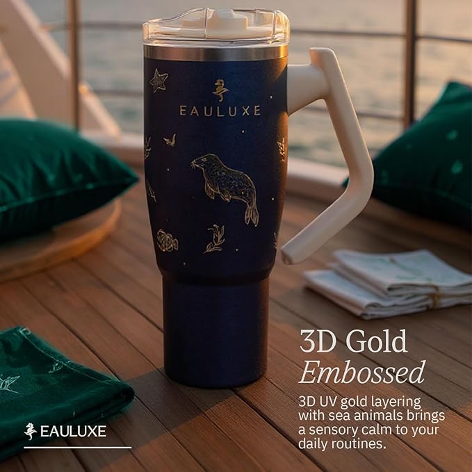 DriftFlow 40 oz Luxury Insulated Tumbler – Midnight Blue with Gold Embossing | Premium Stainless Steel Double-Wall Travel Mug with Handle & Straw Lid – Leak-Proof, Hot 13 H/Cold 25 H - Bloomnest