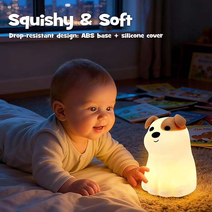 Squishy Puppy Night Light with RGB Mode 3 Brightness Adjustable Nursery Breastfeeding Nightlight Cute Novelty Smile Dog Animal Lamp Rechargeable Silicone Touch Bedside Lamp for Bedroom Dorm Decor - Bloomnest