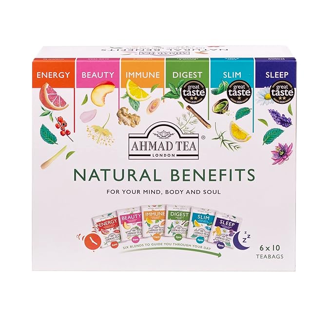 Ahmad Tea Natural Benefit Functional Tea Selection Pack | Green teas, Fruit & Herbal Infusions | Perfect herbal tea gift - 60 Teabag Sachets | 6 blends - Bloomnest