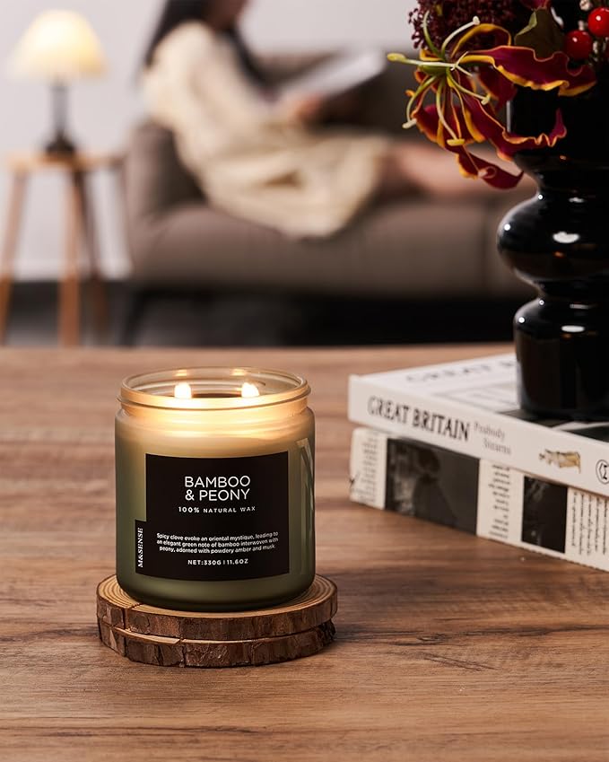 M&SENSE Bamboo Peony Scented Candle, 11.6oz Aromatherapy Jar Candle, 70 Hour Burn Time, Natural Soy Wax Blend, Stress Relief, Home Fragrance - Bloomnest