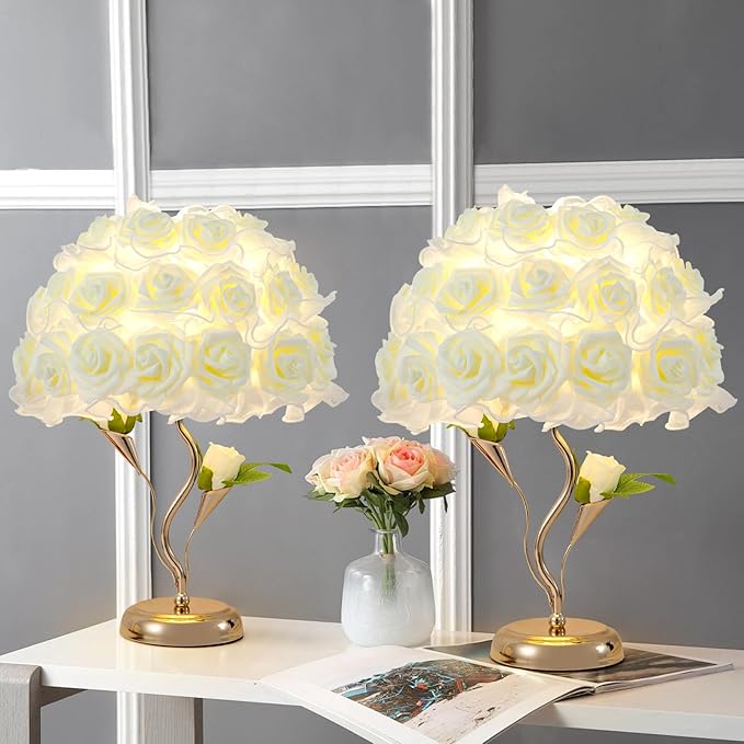 White Flower Lamp Beautiful Rose Bedside Lamp Romantic Bouquet Night Light Rose Flower Table Lamps for Princess Girl Wedding Birthday Christmas Valentine Bedroom Livingroom Office Deco - Bloomnest