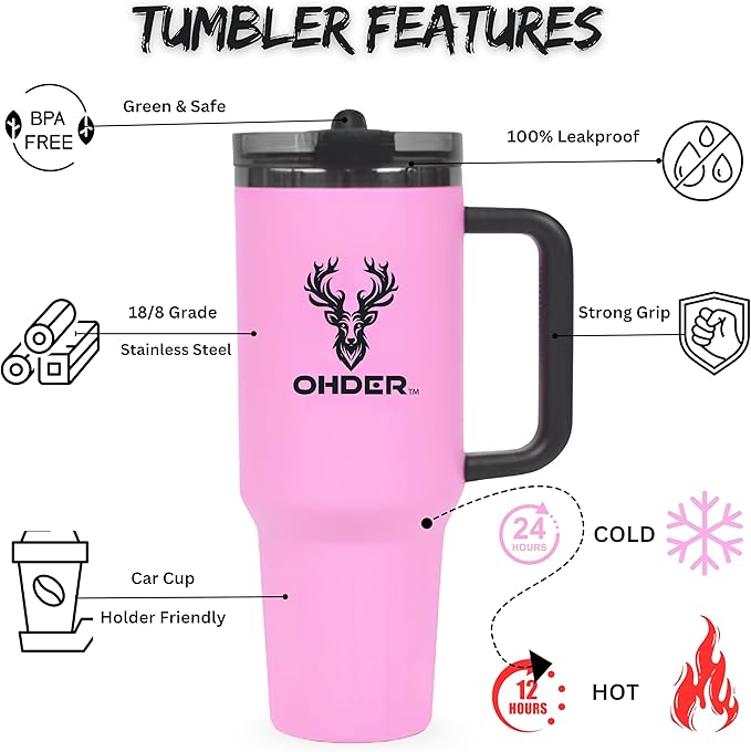40 oz Tumbler with Handle and Straw | Vacuum Insulated Double Wall Stainless Steel Travel Mug | Leakproof, Hot and Cold | Cup Holder Friendly Base (Pink) - Bloomnest