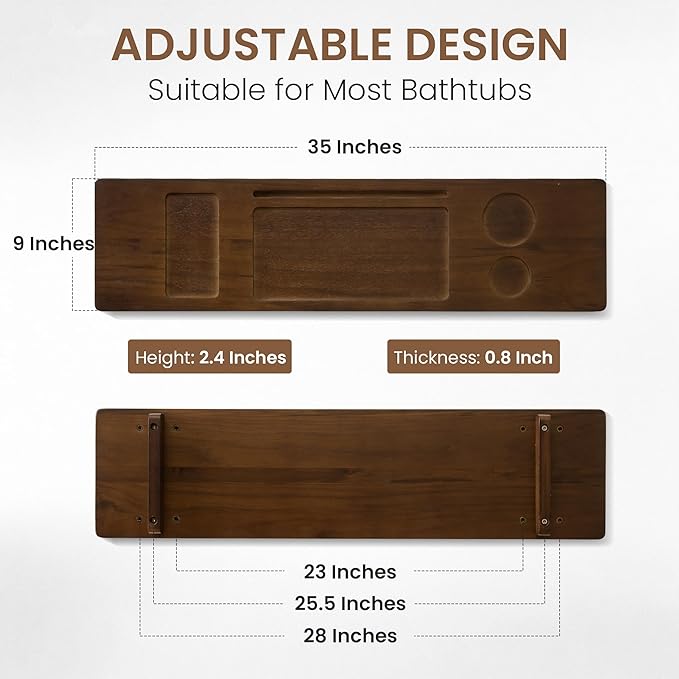Teak Bathtub Tray - Wood Bath Caddy Tray 35" for Large Tubs - Adjustable Bathtub Table Trays - Luxury Shower Organizer for Home Spa Relaxation and Reading - Dark Walnut Color - Bloomnest