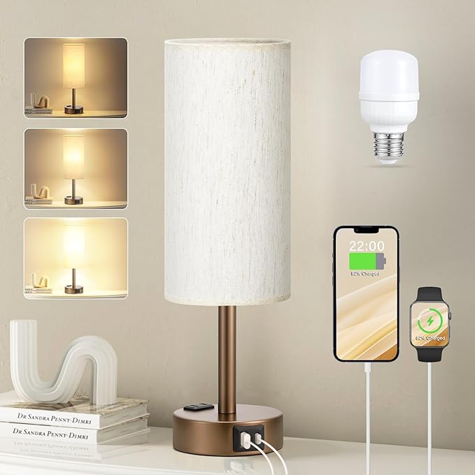 Brown Bedside Table Lamp for Bedroom - 3 Way Dimmable Touch Lamp USB C Charging Ports and AC Outlet, Small Lamp Round Flaxen Cream Fabric Shade for Living Room, Desk, LED Bulb Included - Bloomnest