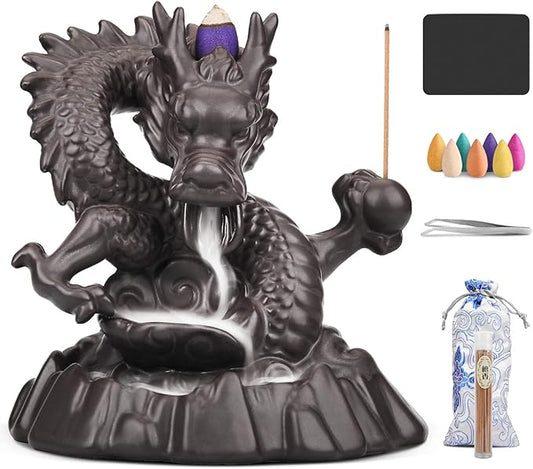 Ceramic Dragon Backflow Incense Holder Waterfall Incense Burner, Smoke Incense Holder, with 70 Backflow Incense Cones + 50 Incense Stick, 1 Mat, 1 Tweezers Home Decor (Brown-Dragon) - Bloomnest