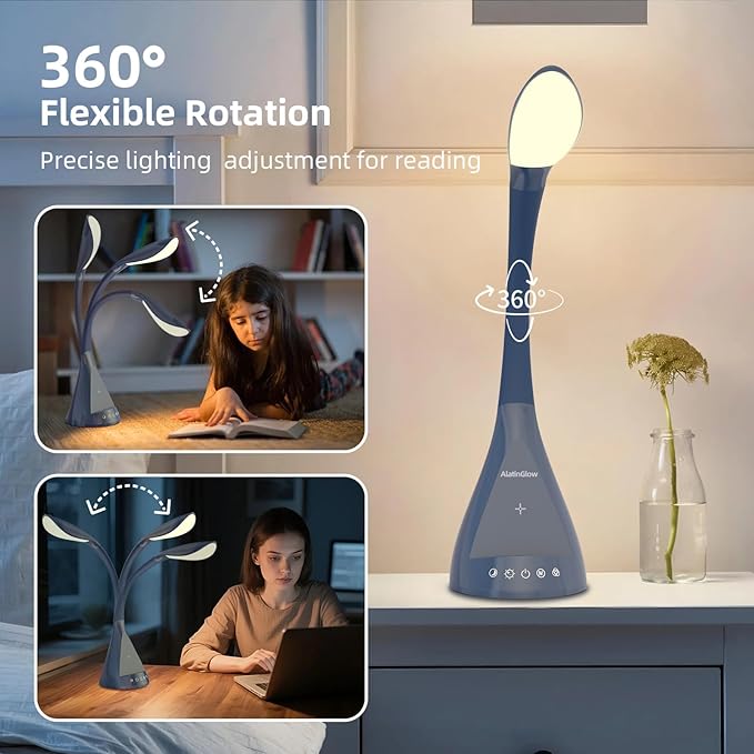 LED Desk Lamp with USB Charging Port, Dimmable Reading Light Touch Control and Eye Protection, Adjustable Brightness Table Lamp for Home Office Bedroom (Blue) - Bloomnest