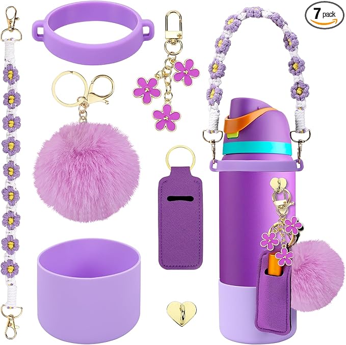 Compatible for Owala Accessories Bundle: Silicone Boot for 24oz & 32oz Bottles, Charms, Handle, Strap, Rubber Bottoms, and Decorative Add-ons for Your Compatible for Owala Water Bottle, Purple Bloomnest