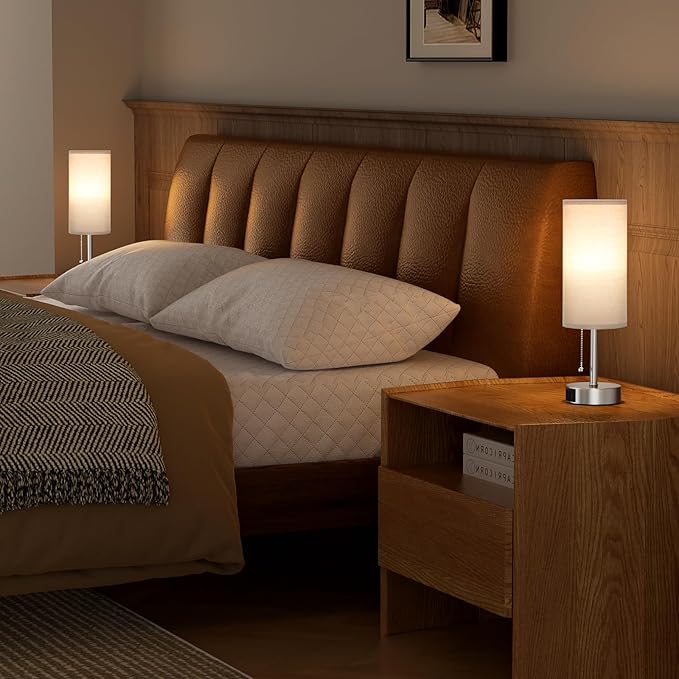 Silver Bedside Lamps for Bedroom Set of 2 - Nightstand Table Lamp with USB A + C Charging Port, 3 Color Temperatures Pull Chain Night Stand Light, Side Table Desk Reading Lamp for Living Room/Dorm - Bloomnest