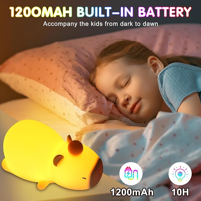Night Light for Kids, 7 Color Changing BPA-Free Silicone Lamp with Touch Control, Eye Protection, Rechargeable Battery, Soft & Safe Nursery Lamp for Boys & Girls (Sleeping Capybara) - Bloomnest