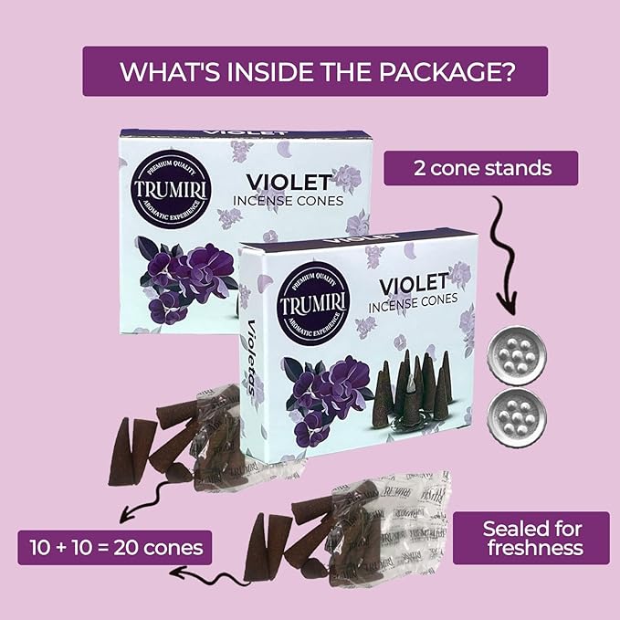 Violet Incense Cones - Total 20 Cone Incense - Dual Pack of 10 Insence Cones - Incense Cones Scented - Cone Incense Scents - Insense Cones - Incent Cone TRUMIRI