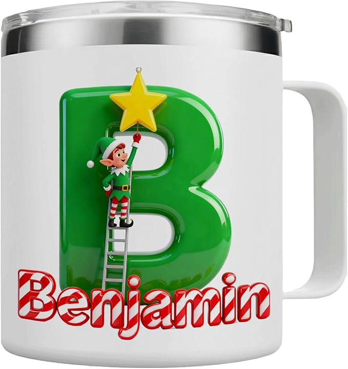 Personalized Christmas Insulated Coffee Mug with Handle – [H] Double Wall Stainless Steel Travel Tumbler for Hot & Cold Drinks – Unique Holiday Gift for Men, Women, & Kids (B124) - Bloomnest