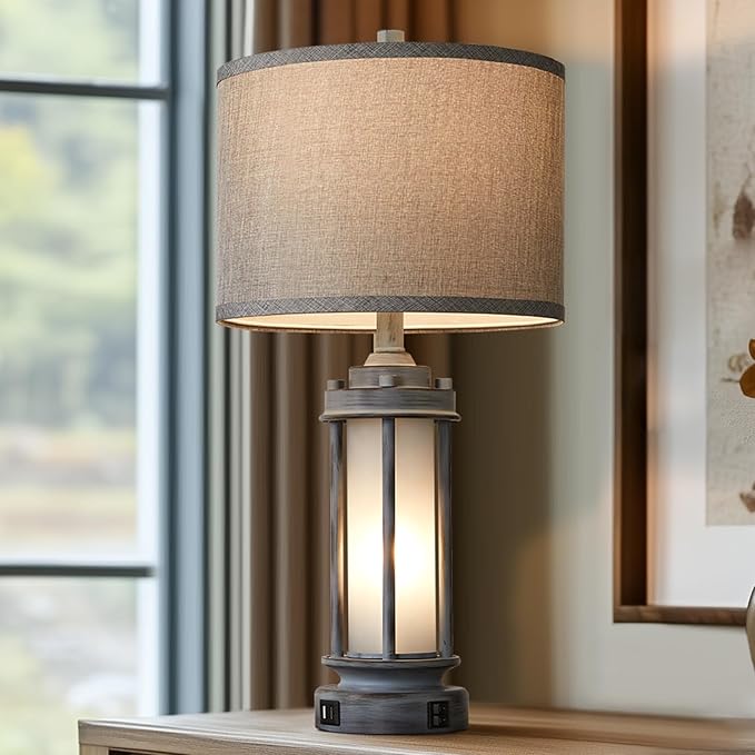 Rustic Table Lamp for Bedroom Living Room with 2 USB Ports, Farmhouse Vintage Nightstand Lamp 25'' with Light Green Glass Nightlight, Antique Retro Desk Lamp for Entryway, 2 Bulbs Included - Bloomnest