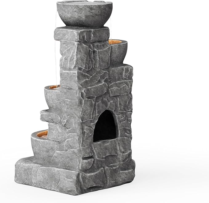 Teamson Home 33.25 in. Cascading Bowls and Stacked Stones LED Outdoor Water Fountain for Gardens, Landscaping, Patios, Balconies, and Lawns for a Calming Oasis in Outdoor Living Spaces, Stone Gray - Bloomnest