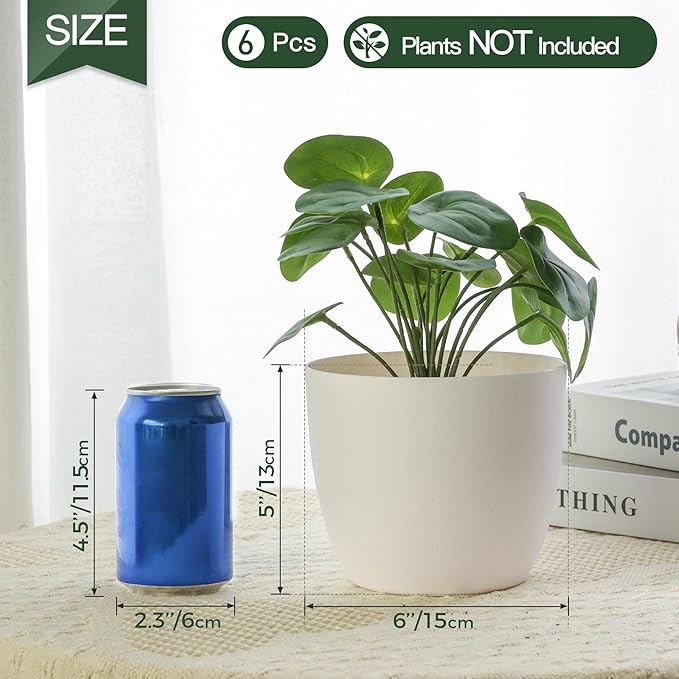 T4U 6 Inch Self Watering Planters Plastic Plant Pot, Modern Decorative Flower Pot/Window Box for All House Plants, Flowers, Herbs, African Violets, Succulents - White, Set of 6 - Bloomnest