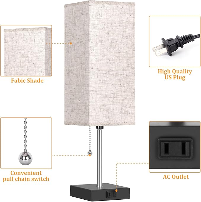 Table Lamp for Bedroom set of 2,3-Color Bedside Lamps with Pull Chain Table Lamps for Nightstand with AC Outlets,18'' Night Light Lamps with 2 Bulb Lamps for Living Room Kids Office Decor（Black+Cream） - Bloomnest