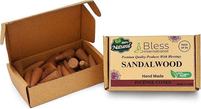 Bless International Sandalwood 100%-Natural-Incense-Cones Handmade-Hand-Dipped Organic-Chemicals-Free for-Purification-Relaxation-Positivity-Yoga-Meditation The-Best-scents (20 Count) BlessInternational