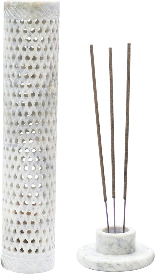 Crocon Handmade Incense Tower Candle Stick Holder Soapstone Tea Light Tower Burner | Candles Stand |Office Decor Room Fragrance Decorative Kitchen Home Spa Great Gift Set - 11X3X3 Inch