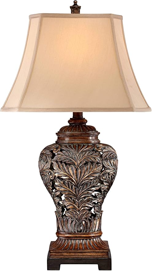 Barnes and Ivy Leafwork Vase 32 1/2" Tall Large Traditional End Table Lamp Brown Wood Finish Single Tan Rectangular Shade Living Room Bedroom Bedside Nightstand House Office Home Reading Kitchen - Bloomnest
