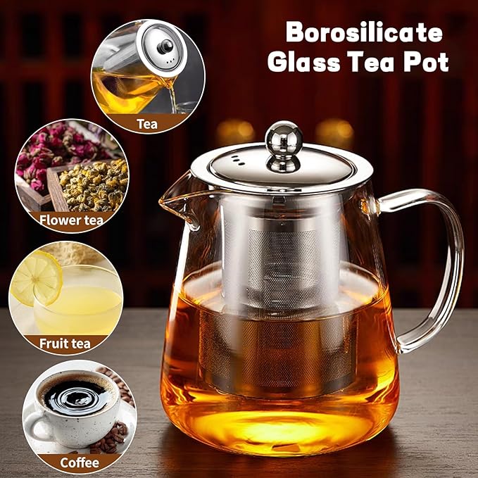 Glass Teapot, Tea Pot with Removable Infusers for Loose Tea, Borosilicate Glass Tea Kettle Tea Maker Stovetop for Party, Camping,Travel (950ML) - Bloomnest