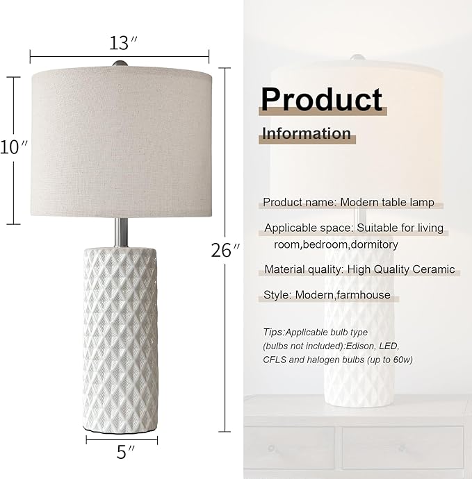 26" Tall Table Lamp for Living Room -Vintage White Lamps Set of 2 Modern Ceramic Lamps for Night Stands, Bedside Lamp for End Tables, Nightstand Lamps for Bedroom - Bloomnest
