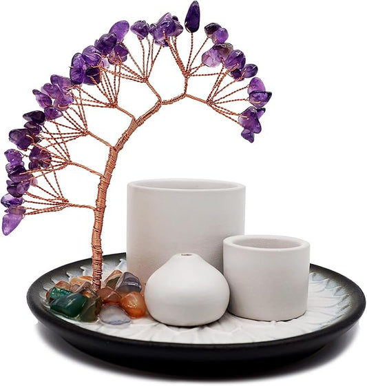 5 in 1 Incense Burner Holder with Crystal Tree for Burning Palo Santo Stick, Sage, Incense Sticks, Candle, Ceramic Tray Ash Catcher, Meditation Gift (Purple) YIENENG