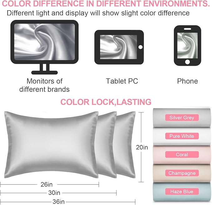 Mulberry Silk Pillow Cases Queen Size with Hidden Zipper, Ultra Smooth and Soft Breathable Cooling Silk Satin Pillowcase for Hair and Skin, Gifts for Women Men (Light Grey, 20x30 Inches, 1 Pack) - Bloomnest