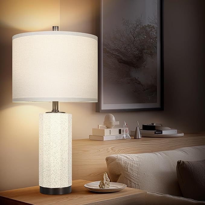 Scenekoy 23” Table Lamp Set of 2 for Bedroom Living Room, Rotary Switch Ceramic Bedside Lamp with White Linen Shade, Dimmable Nightstand Lamps for Room Office Hotel Dorm (Bulb Included) - Bloomnest