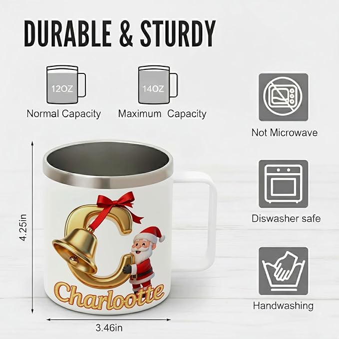 Personalized Christmas Mug | Custom Golden Bell Initial Insulated Coffee Cup with Handle & Lid | 12oz Holiday Tumbler, Cute Santa Gift for Kids & Family (B33) - Bloomnest
