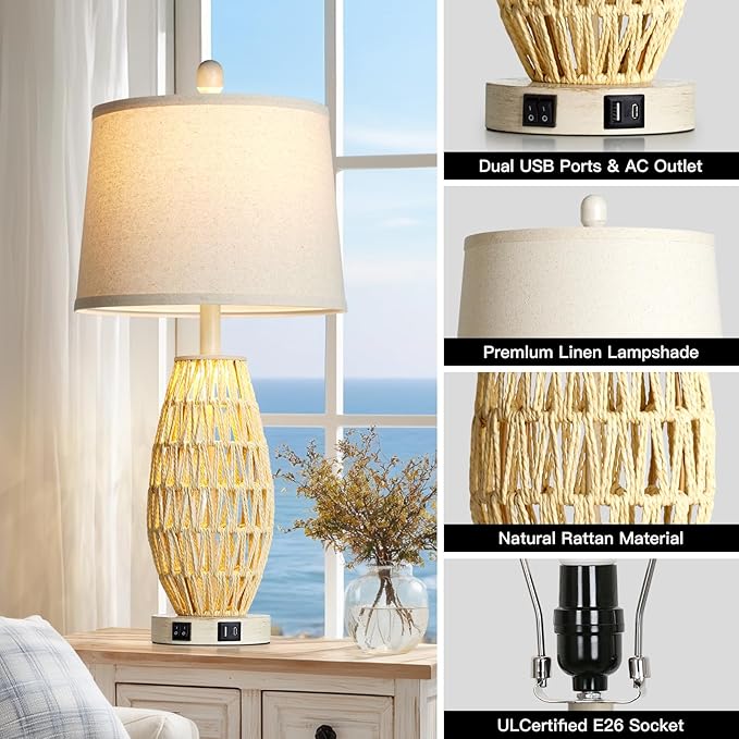 27“ Beige Rattan Table Lamps with Night Light, Boho Bedside Lamps Set of 2, Woven Wicker Bedroom Lamp for Nightstand with USB A+C Charging Port & AC Outlet, Tall Coastal Living Room Lamp - Bloomnest