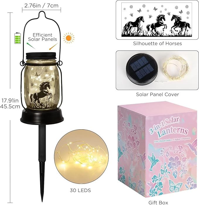 Horse Gifts for Women/Men Horse Lovers Solar Lantern Mom Birthday, Mothers Day, Christmas Gifts, Solar Garden Decoration Outside for Yard, Patio,Backyard,Porch - Bloomnest